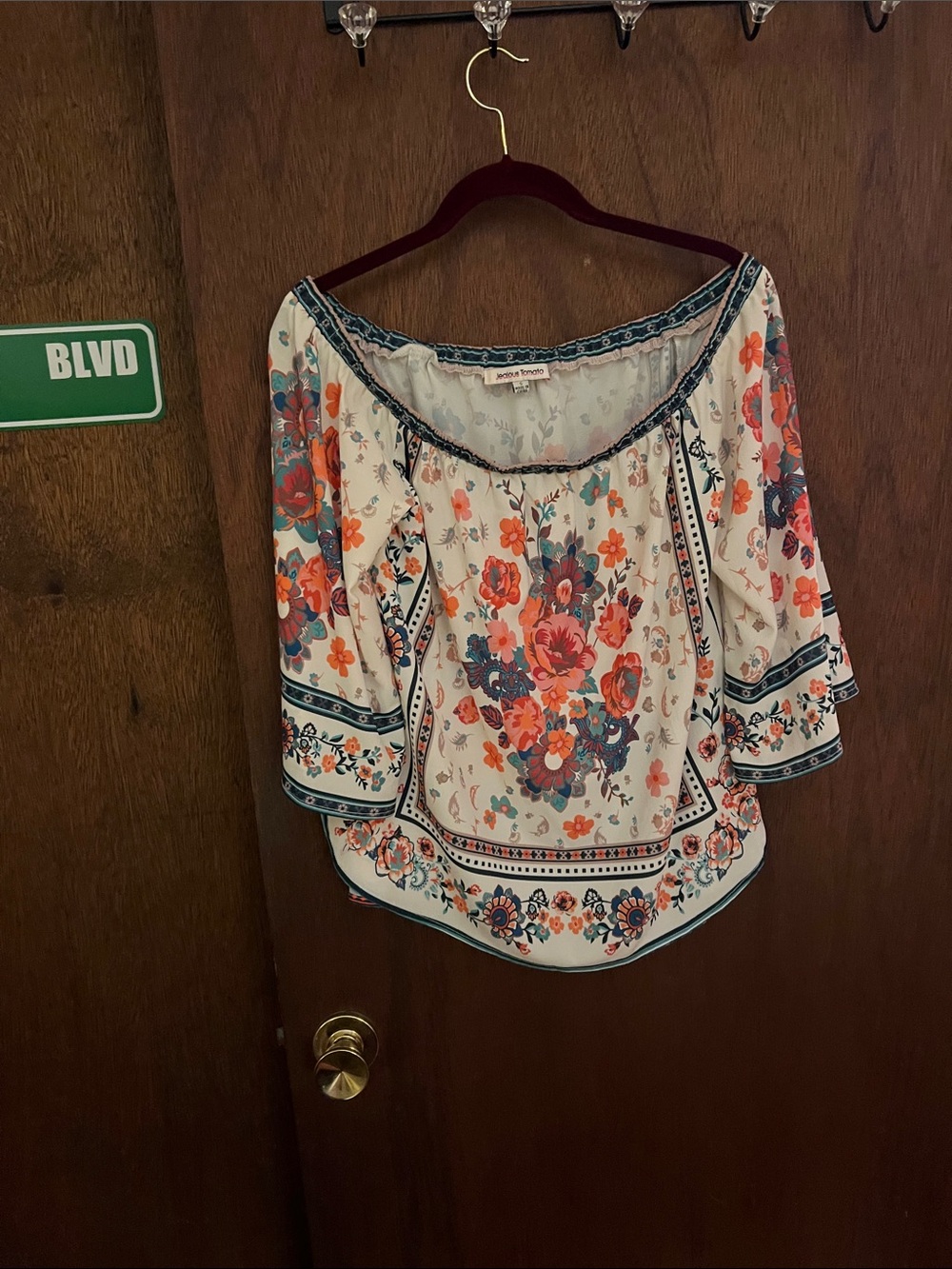 Jealous Tomato Cream Off-Shoulder Floral Blouse with Coral & Blue Print